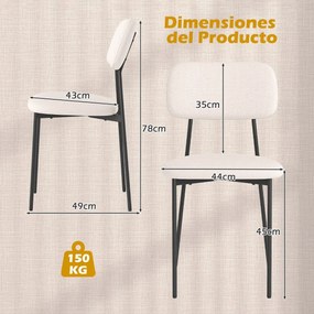 Conjunto de 4 cadeiras de jantar (MESA NÃO INCLUIDA) modernas estofadas em linho com pernas metálicas, assento acolchoado e encosto curvo bege