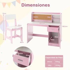 Conjunto de secretaria e cadeira infantil com estante, gaveta, armário, quadro de cortiça e banco com encosto inclinado 109,5 x 48 x 100,5 cm Rosa