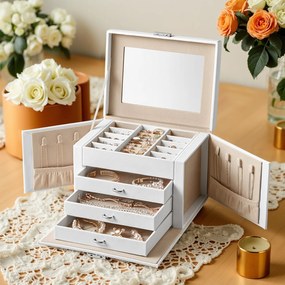 Caixa de joias de 4 compartimentos, com espelho e gavetas 17,5 x 22,5 x 16,5 cm Branco-bege