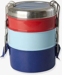 Lunchbox redonda em aço inoxidável com riscas ou corações rice, 3 níveis azul