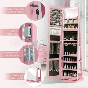 Armário joias giratório 360° com luzes LED Espelho de corpo inteiro Prateleiras de armazenamento 54,5 x 161 cm Rosa