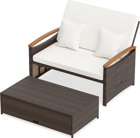 Conjunto de sofá-cama em rattan com pufe com espaço de arrumação, encosto ajustável em 4 níveis e mesas laterais dobráveis para jardim e piscina, bran
