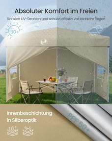 Tenda dobrável de 3 x 3 m para jardim e festas, com 4 paredes laterais, cor bege