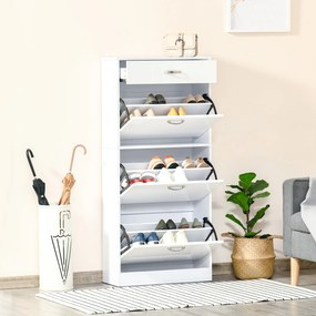 Sapateira com 3 portas basculantes e gaveta deslizante - 62 x 24 x 135 cm - puxadores em alumínio. Painéis em aglomerado branco