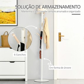 HOMCOM Cabide de Pé de Madeira Cabide de Pé com 6 Ganchos para Roupa Bolsas e Estrutura de Metal para Sala de Estar Entrada Dormitório 35x35x174cm Branco e Madeira
