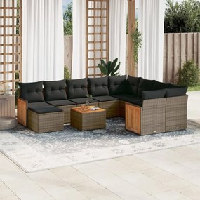 11 pcs conjunto sofás de jardim c/ almofadões vime PE cinzento