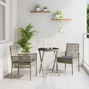 Conjunto de Bistro de Jardim com 3 Peças e Almofadas Cinza em Rattan Sintético