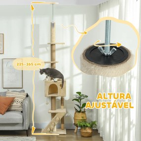 Arranhador para Gatos do Chão ao Teto de 225-265 cm  com Altura Ajustável Múltiplas Plataformas Escada Bola Suspensa Bege