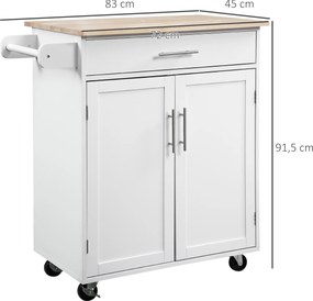 Carro de serviço de cozinha com rodas Ilha de cozinha com gaveta de armário e suporte para panos de cozinha - branco