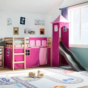 vidaXL Cama alta para criança com torre 80x200 cm pinho maciço rosa