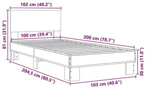 Estrutura cama 100x200 cm derivados madeira/metal cinza sonoma