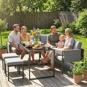 Conjunto de jardim com sofá de canto para exterior, 6 peças, almofadas de 10 cm, mesa alta e 2 apoios para os pés, cinzento