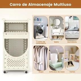 Carro para roupa suja 40 x 30 x 78 cm com 3 níveis dobrável com rodas bloqueáveis 6 ganchos para pendurar bege