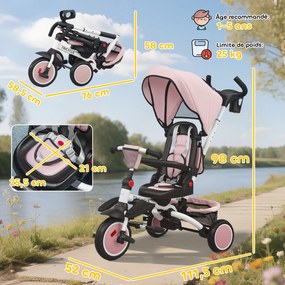 Triciclo para Bebés 6 em 1 Triciclo Criança Dobrável com Pega Parental Ajustável Assento Giratório 360° Rosa