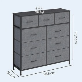 Cómoda com 9 gavetas forradas a tecido 30 x 98,8 x 95,2 cm cinzento