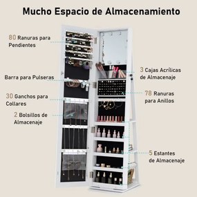 Armário giratório de 360° para joias com espelho de corpo inteiro 43 x 38 x 160 cm e prateleiras Espelho de maquilhagem Branco