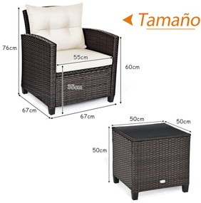 Conjunto Jardim de 3 peças 2 sofás e 1 Mesa com almofadas laváveis para jardim, piscina, varanda Castanho e Branco