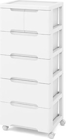 Armário de armazenamento 40 x 32 x 96 cm com 5 gavetas Rodas universais e traváveis Recipiente de armazenamento de plástico branco