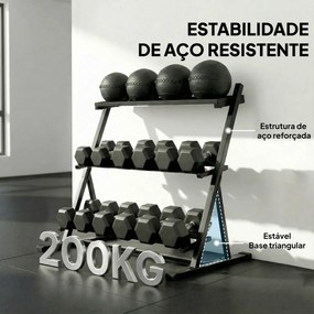Suporte para Halteres (NÃO INCLUIDOS) de 3 Níveis Estante de Pesos de Aço com Barras Ajustáveis para Ginásio Casa Capacidade 200 kg