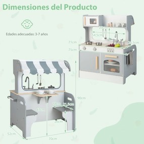 Cozinha e restaurante 2 em 1 para crianças de madeira 71 cm x 52 cm x 90 cm dupla face com torneira, lava-loiça e forno cinza