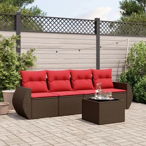 vidaXL 5 pcs conjunto sofás p/ jardim c/ almofadões vime PE castanho