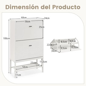 Armario sapateira 60 x 24 x 106 cm com 2 gavetas e prateleiras ajustáveis e extraíveis Branca