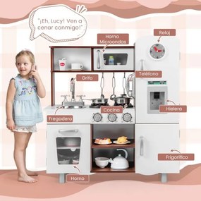 Cozinha de brincar para crianças a partir dos 3 anos com sons, luzes, fogão, máquina de gelo, telefone, lava-loiça, utensílios 73 x 29 x 81 cm castanh