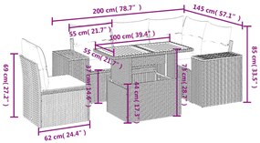 6 pcs conjunto sofás de jardim com almofadões vime cinzento
