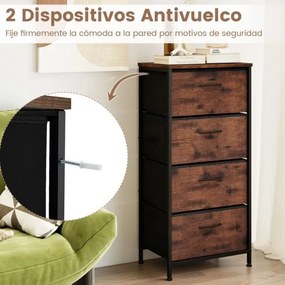 Cómoda com 4 gavetas em tecido com tampa de madeira 45 x 30 x 95 cm Puxadores fáceis de abrir e estrutura metálica Castanho Rústico + Preto