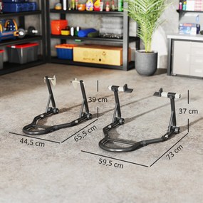 Suporte para roda dianteira e traseira com capacidade para 390 kg; suporte de oficina para motos com braço ajustável em aço, garfo em forma de U + L,