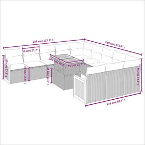 11 pcs conjunto sofás de jardim c/ almofadões vime PE cinzento