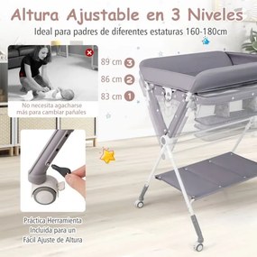 Fraldário portátil dobrável para bebés Estação de muda de fraldas dobrável com cesto organizador móvel ajustável em altura rodas Cinzento