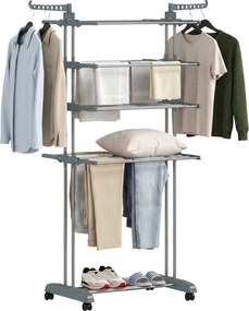 Estendal de roupa dobrável de 5 níveis com rodas 73 (L) x 64 (P) x 172 (A) cm, estendal de interior com abas laterais, estrutura em aço, cinzento