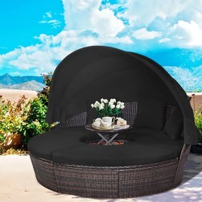 Cama de jardim redonda com Toldo retrátil Assentos separados Almofadas de vime de rattan Mesa de café Jardim Pátio castanho e Preto