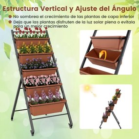 Floreira Escada 57 x 74 x 132 cm de 5 níveis com suporte metálico para vasos de jardim escalonado com rodas bloqueáveis e fileiras de orifícios de dre
