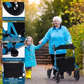 Andarilho dobrável para idosos com assento 24 cm Rodas pneumáticas todo-o-terreno Saco de arrumação Carga 160 kg Azul