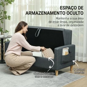 Sofá 2 Lugares Estofado em Linho Sintético com 2 Almofadas Espaço de Armazenamento Bolsos Laterais 135x71x84 cm Cinza Escuro