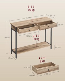 Mesa consola com 2 gavetas 30 x 100 x 80 cm castanho camelo-preto