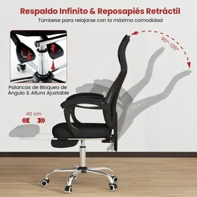 Cadeira giratória ergonómica de escritório com altura ajustável e encosto reclinável 70 x 68 x 109,5-116,5 cm Preto