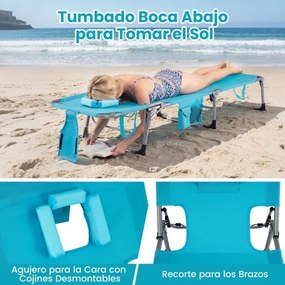 Espreguiçadeira dobrável para exterior, reclinável, com orifícios, apoio para o rosto, braços e encosto ajustável, bolsos, portátil, para praia e pisc