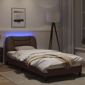 Estrutura cama c/ luzes LED 90x200 cm couro artificial castanho