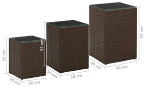 Mesas de apoio com tampo de vidro 3 pcs vime PE castanho