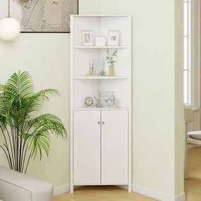 Armário de canto alto moderno 32 x 58 x 172,5 cm com 5 prateleiras e 2 portas caneladas Economiza espaço em casa Branco