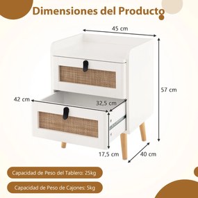 Mesa de cabeceira com 2 gavetas decoradas em rattan Pernas de madeira moderna para a sala de estar Quarto 45 x 40 x 57 cm Branco