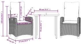3 pcs conjunto de jantar p/ jardim c/ almofadões vime PE cinza