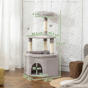 Arranhador para gatos com torre de brincadeiras, arranhadores de sisal, plataforma, compartimentos abertos, tecido felpudo, bolas, 49x49x114 cm, cinze