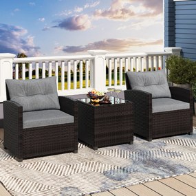 Conjunto Jardim de 3 peças em rattan com almofada lavável para jardim, piscina e varanda 67 x 67 x 76 cm Castanho e Cinzento