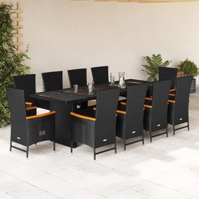 vidaXL 11 pcs conjunto de jantar p/ jardim c/ almofadões vime PE preto