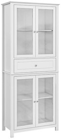 HOMCOM Armário de Cozinha com 4 Portas de Vidro Temperado Gaveta e Prateleiras Ajustáveis 74x35,5x181,5 cm Branco