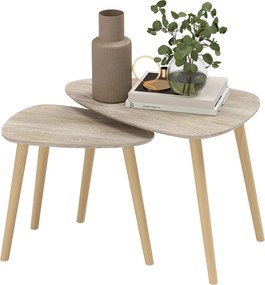 Conjunto de 2 mesas baixas encaixáveis de design escandinavo, com pés e tampo em madeira, com acabamento natural